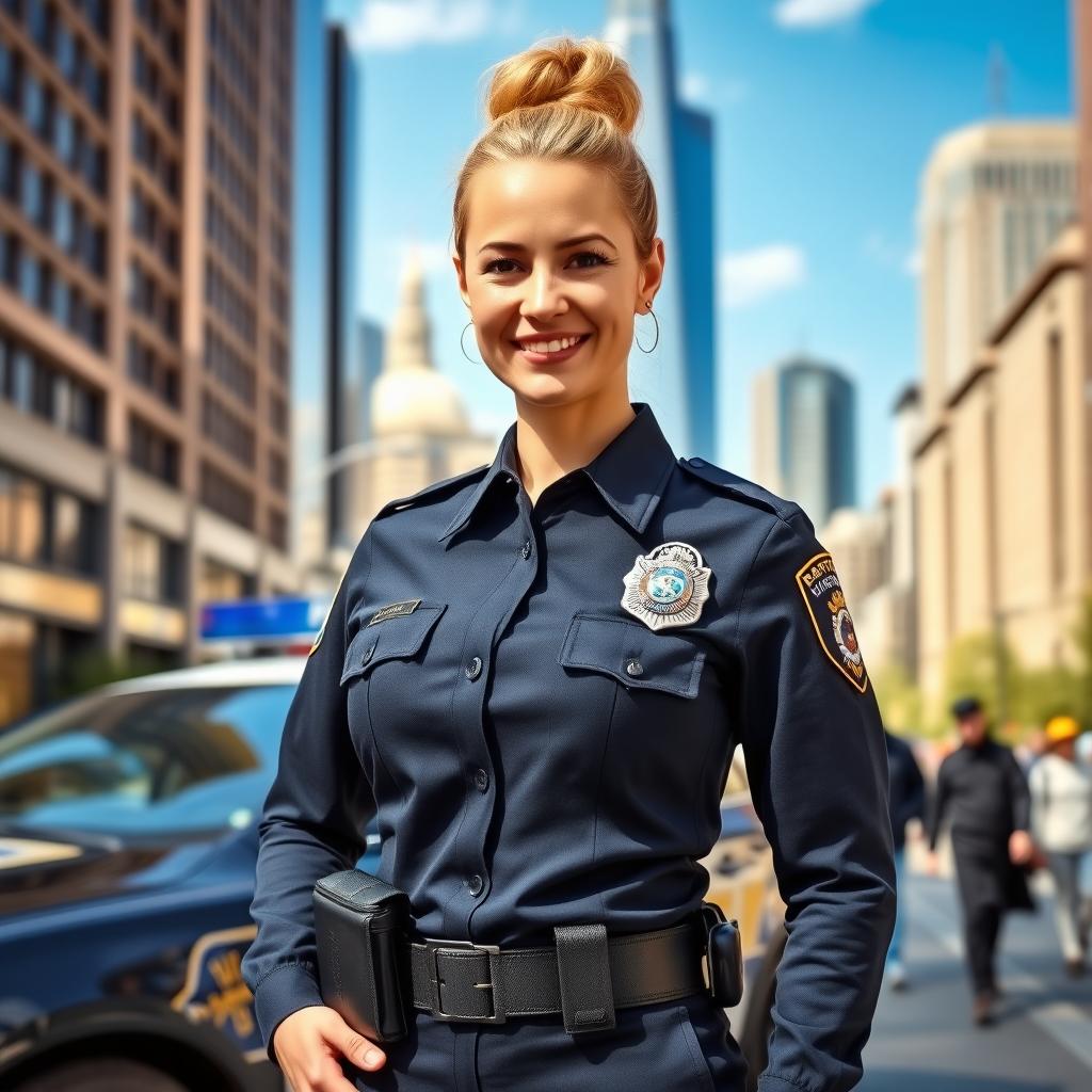 A blonde police officer standing confidently in a modern urban setting
