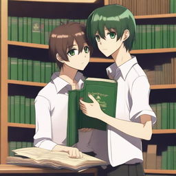 A high-quality 3D digital art image depicts a romantic scene between two anime-style high school boys in a library