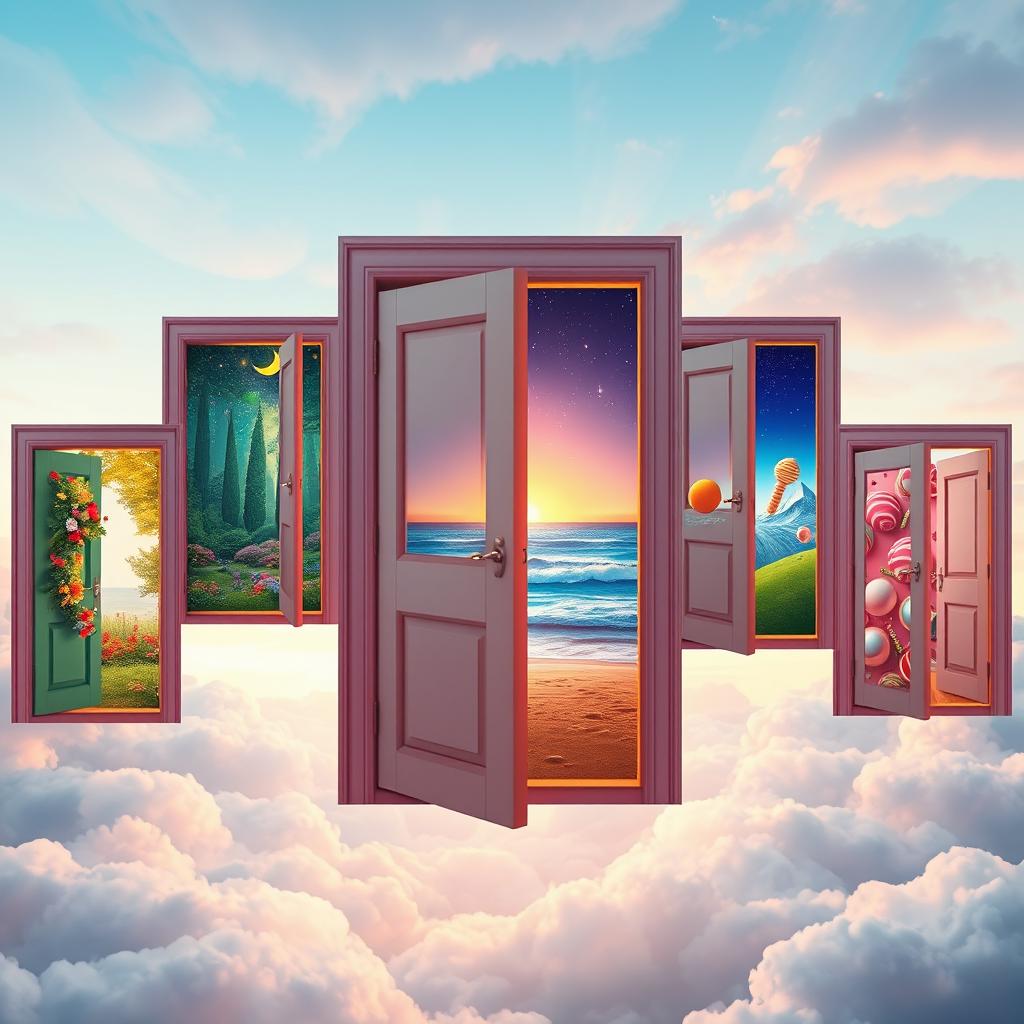 A surreal scene featuring multiple doors floating in the air, each slowly opening to reveal different vibrant dreamscapes beyond them