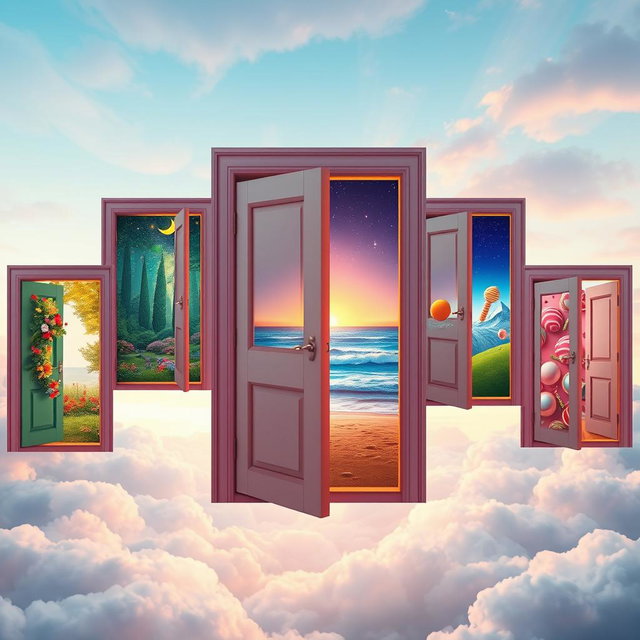 A surreal scene featuring multiple doors floating in the air, each slowly opening to reveal different vibrant dreamscapes beyond them