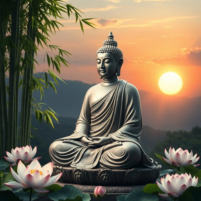 A serene representation of the symbol of freedom in Buddhism, featuring a beautifully detailed statue of the Buddha in meditation, surrounded by lush, green bamboo and lotus flowers