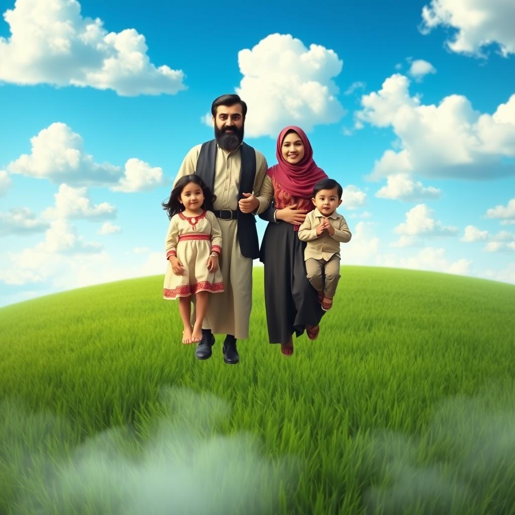 A surreal scene depicting an Iranian religious family of four, floating peacefully in a blue sky adorned with fluffy clouds