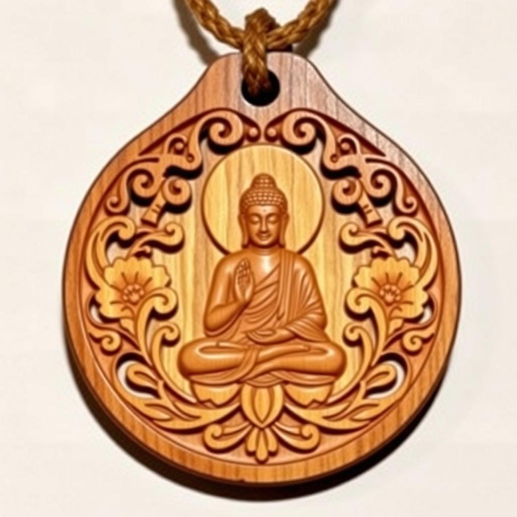 A beautifully designed wooden pendant symbolizing freedom in Buddhism, intricately carved with the image of the Buddha in a meditative pose