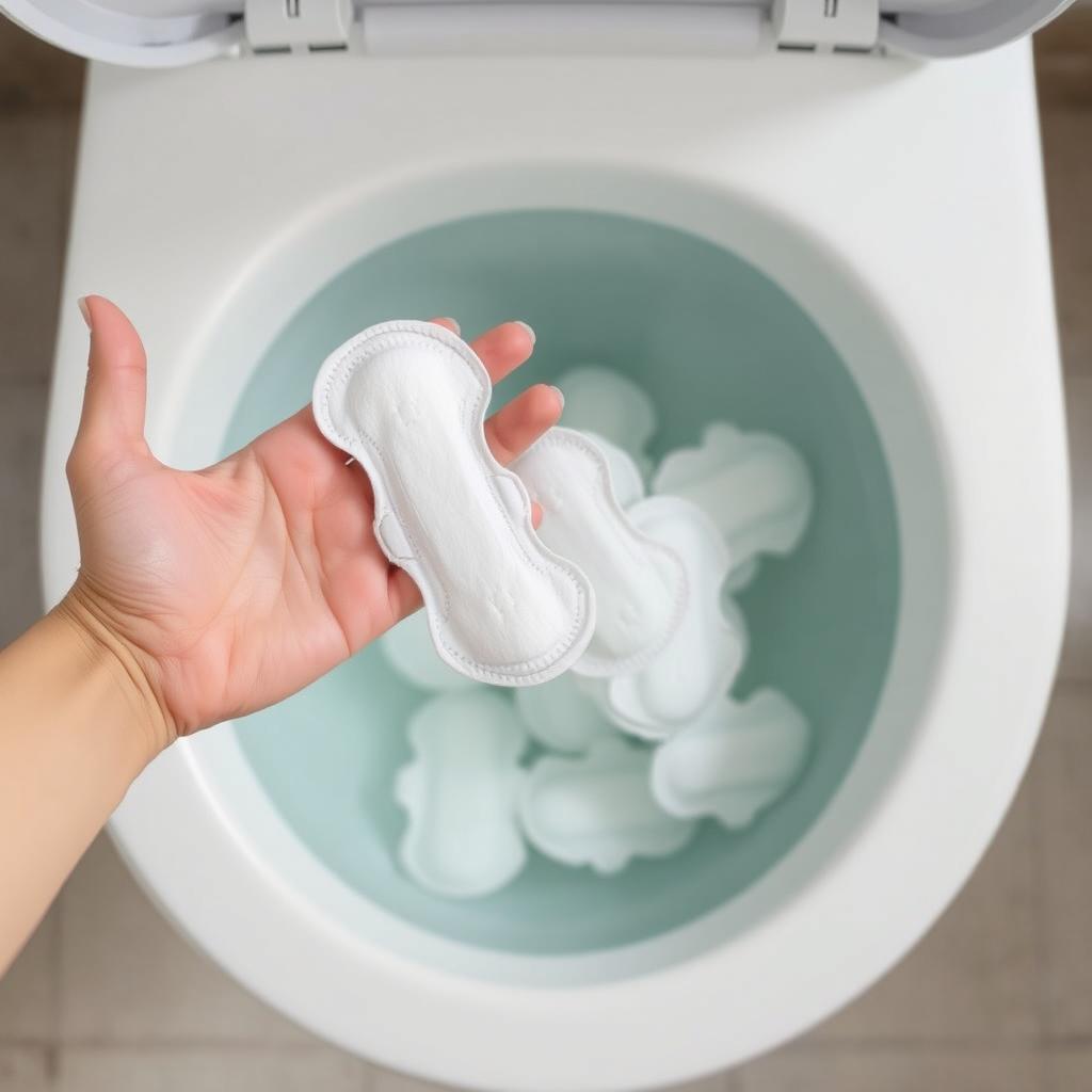 An overhead view of a hand about to throw several white sanitary pads into a toilet filled with clear water
