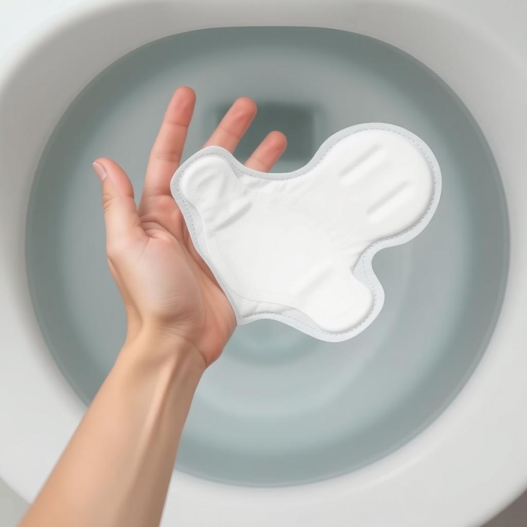 An overhead view of a single hand about to throw one white sanitary pad into a toilet filled with clear water