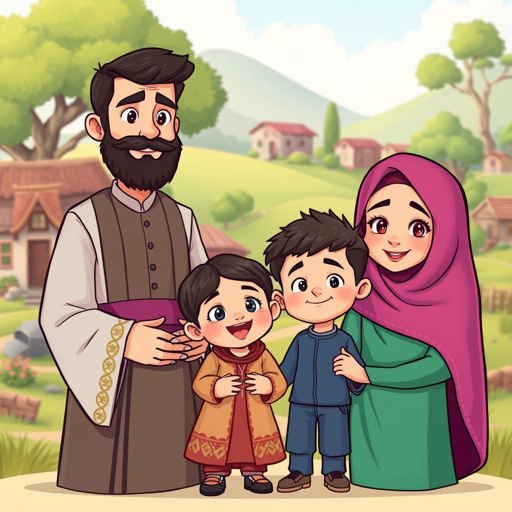 A cartoon-style fantasy illustration depicting an Iranian religious family in vibrant colors