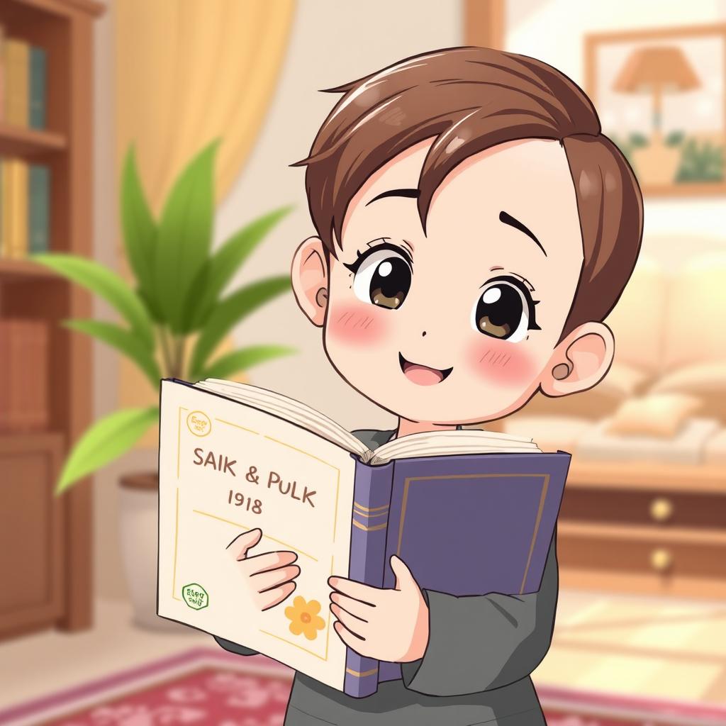 An anime-style illustration of a 5 or 6-year-old child holding a book, characterized by cartoonish and beautiful features, with bright and cheerful colors
