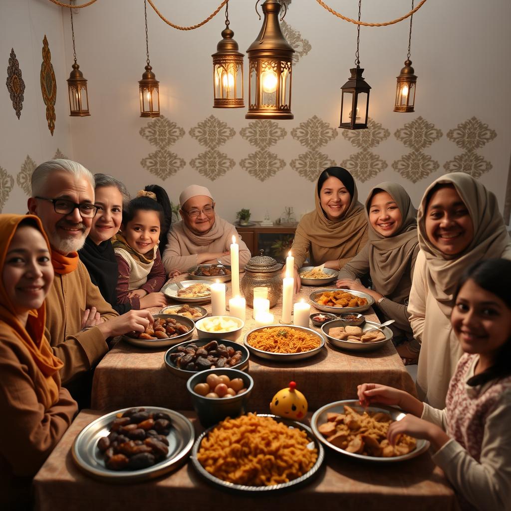 A warm and inviting family gathering during Ramadan iftar time, showcasing a diverse family gathered around a beautifully decorated table laden with traditional iftar foods such as dates, fruits, biryani, and sweets
