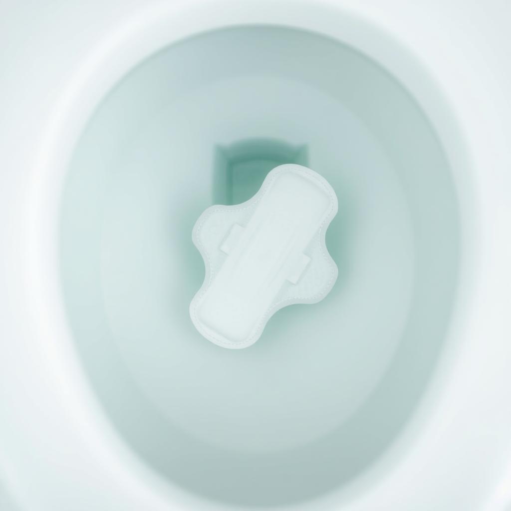 An overhead view of a single white sanitary pad floating in a toilet filled with clear water