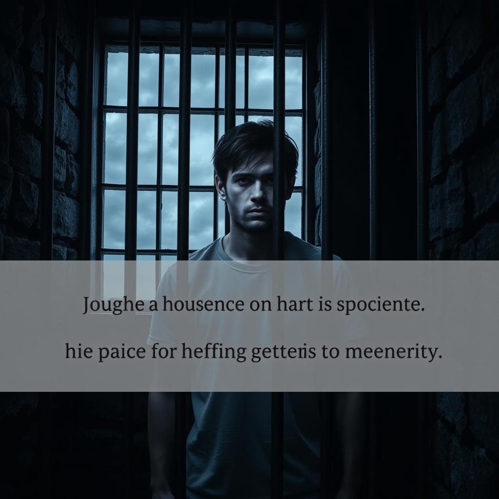 A dramatic scene depicting a person standing behind prison bars, with a somber expression