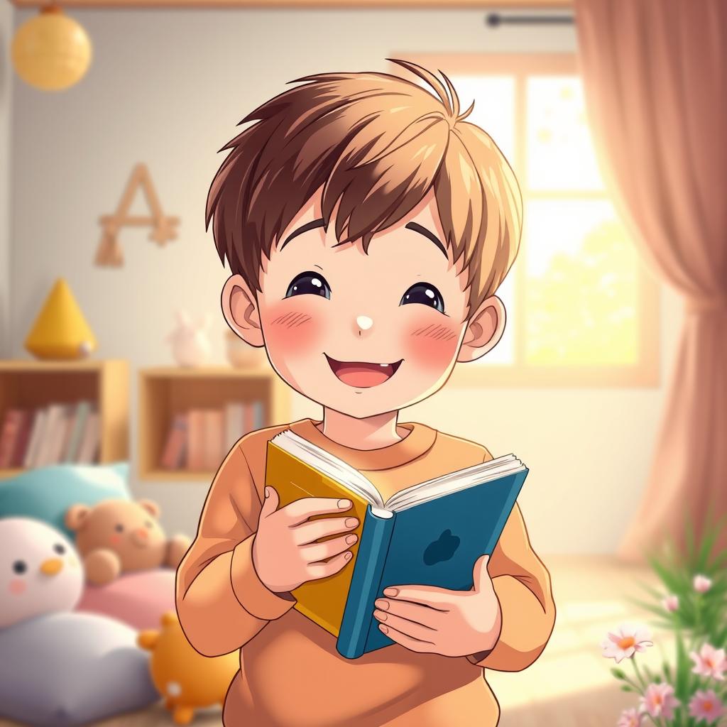 An anime-style image of a 5 or 6-year-old child holding a book close to their chest