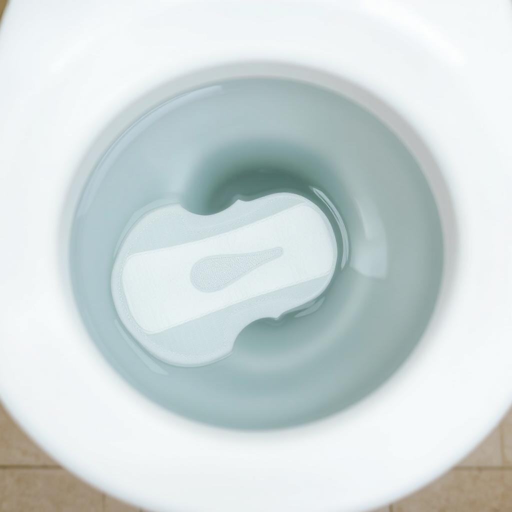 An overhead view of a simple bathroom scene featuring a single sanitary pad placed in a toilet bowl filled with water