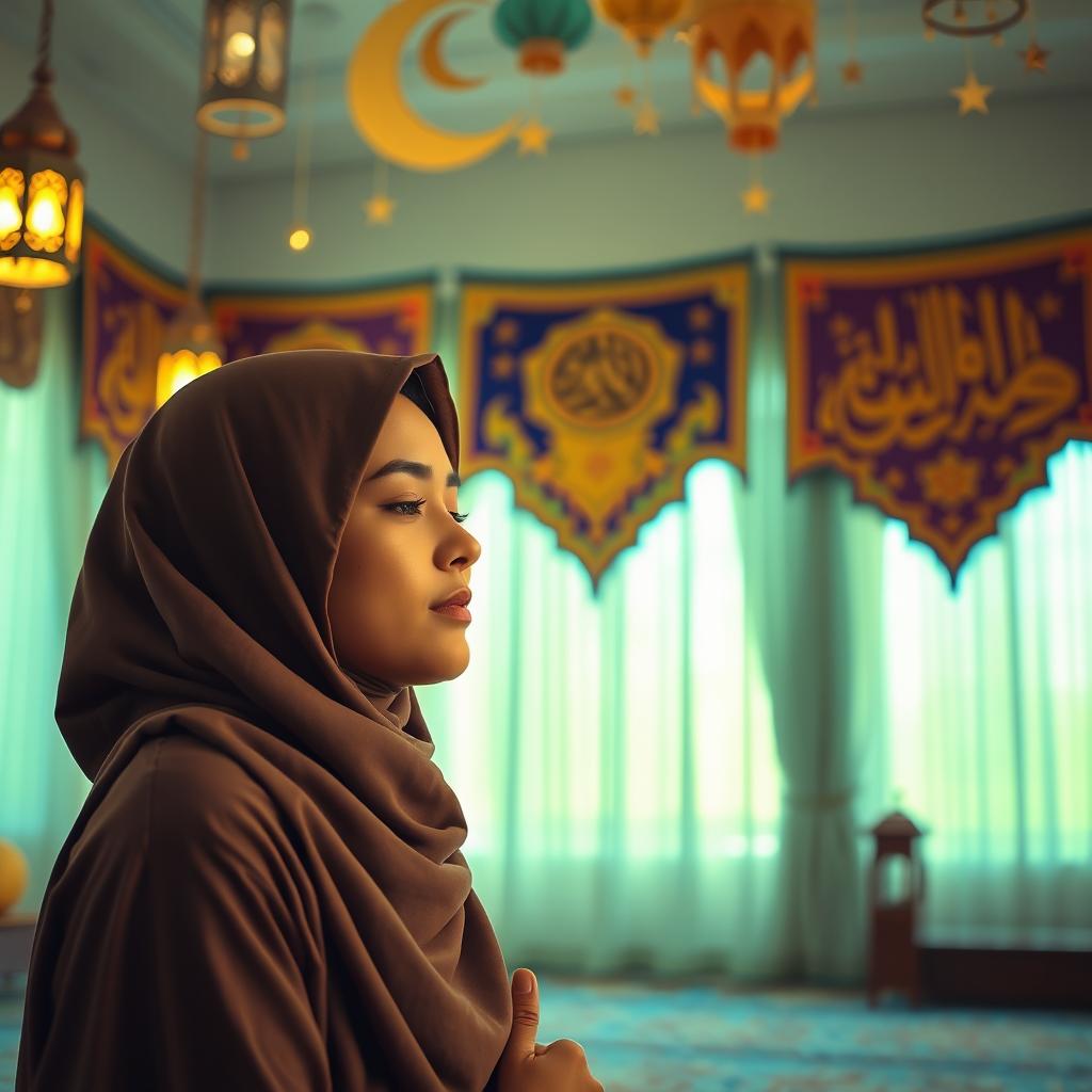 A serene scene of a young woman wearing a hijab, deeply focused in prayer during Ramadan
