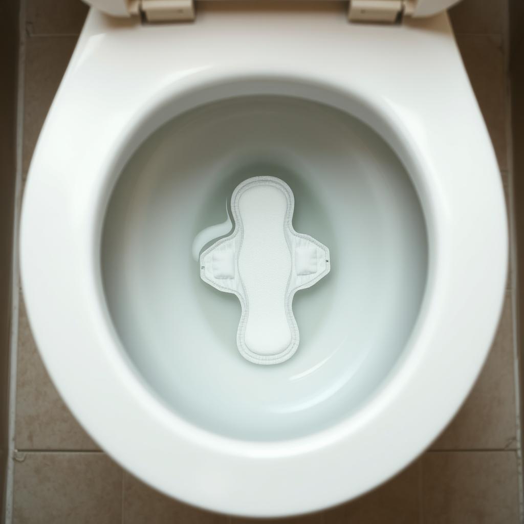 An overhead view of a simple bathroom scene featuring a single sanitary pad placed in a toilet bowl filled with water