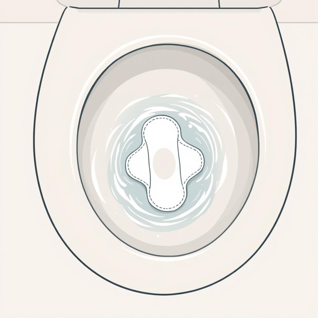 A creative illustration depicting a single sanitary pad in a bathroom toilet as if it has just been flushed, with swirls of water gently moving around it