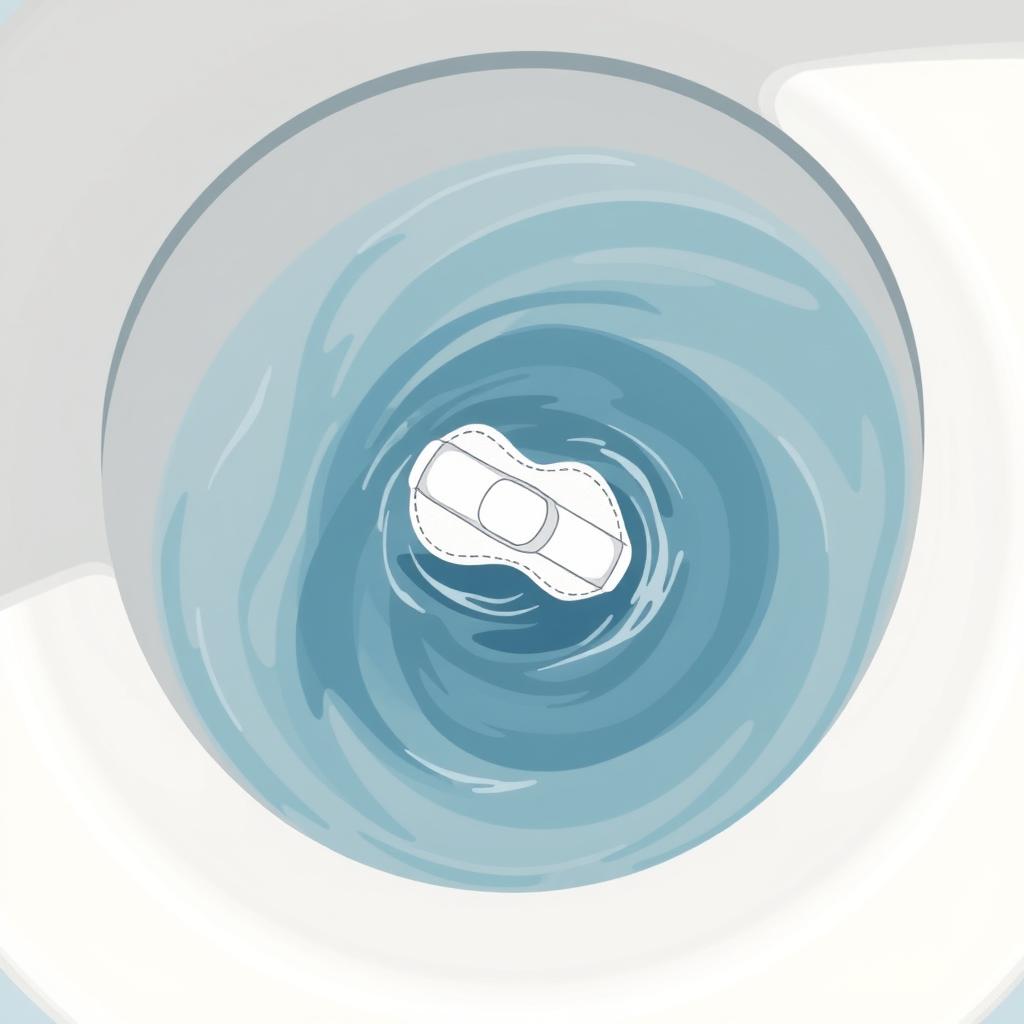 A dynamic illustration showing a single sanitary pad caught in the cyclone motion of water in a toilet bowl after being flushed