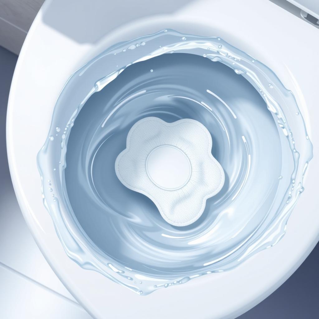 A realistic illustration of a single sanitary pad swirling in a toilet bowl, captured in the moment of being flushed