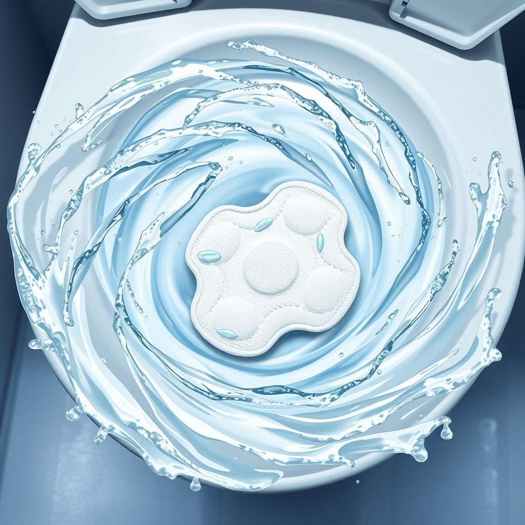A highly detailed and realistic illustration showing a single sanitary pad in the swirling motion of water in a toilet bowl after being flushed