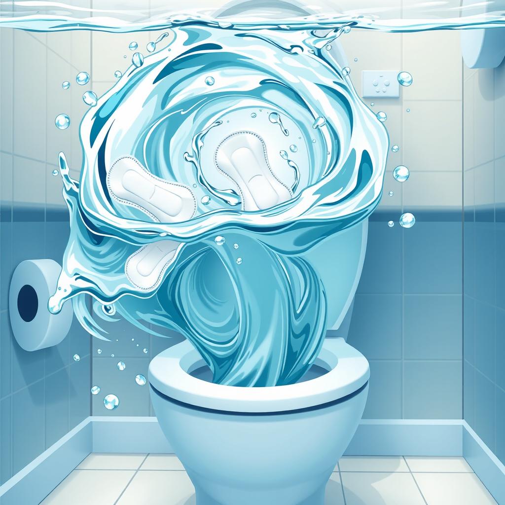 An imaginative representation of sanitary pads being flushed down a toilet, illustrating the swirling cyclone motion of water as it flushes
