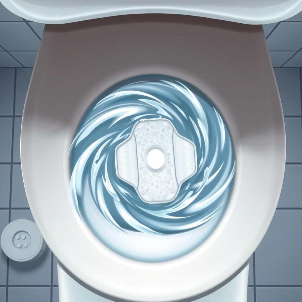 An overhead view illustration showing a single sanitary pad being flushed down a toilet, highlighting the swirling cyclone motion of water as it spins around the pad
