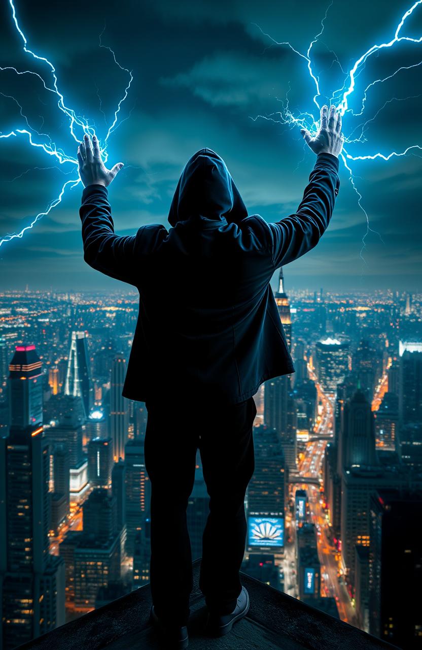 A hooded man stands triumphantly on top of a rooftop, overlooking a sprawling city skyline in the background