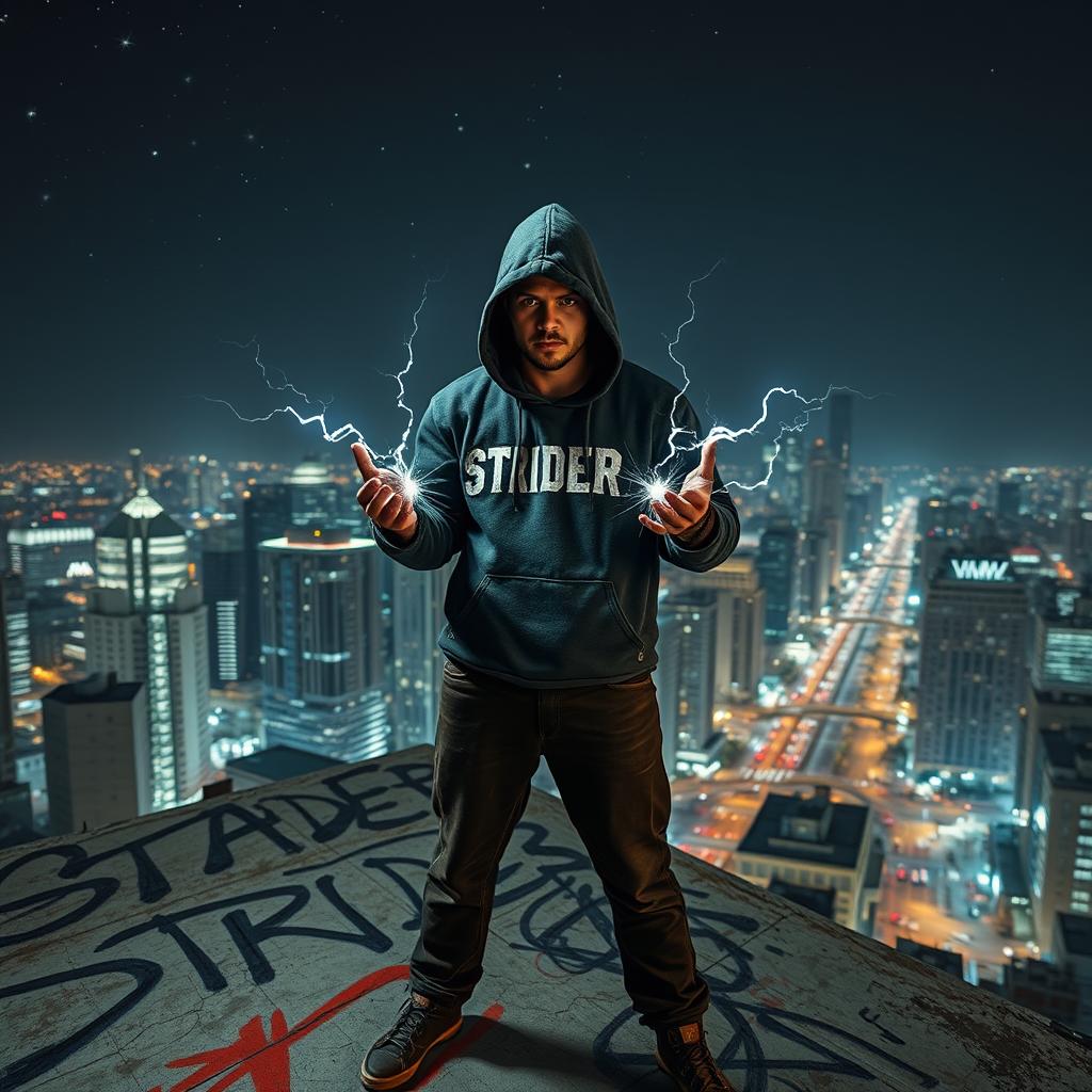 A hooded man stands confidently on top of a vandalized rooftop, overlooking a vibrant city skyline in the background