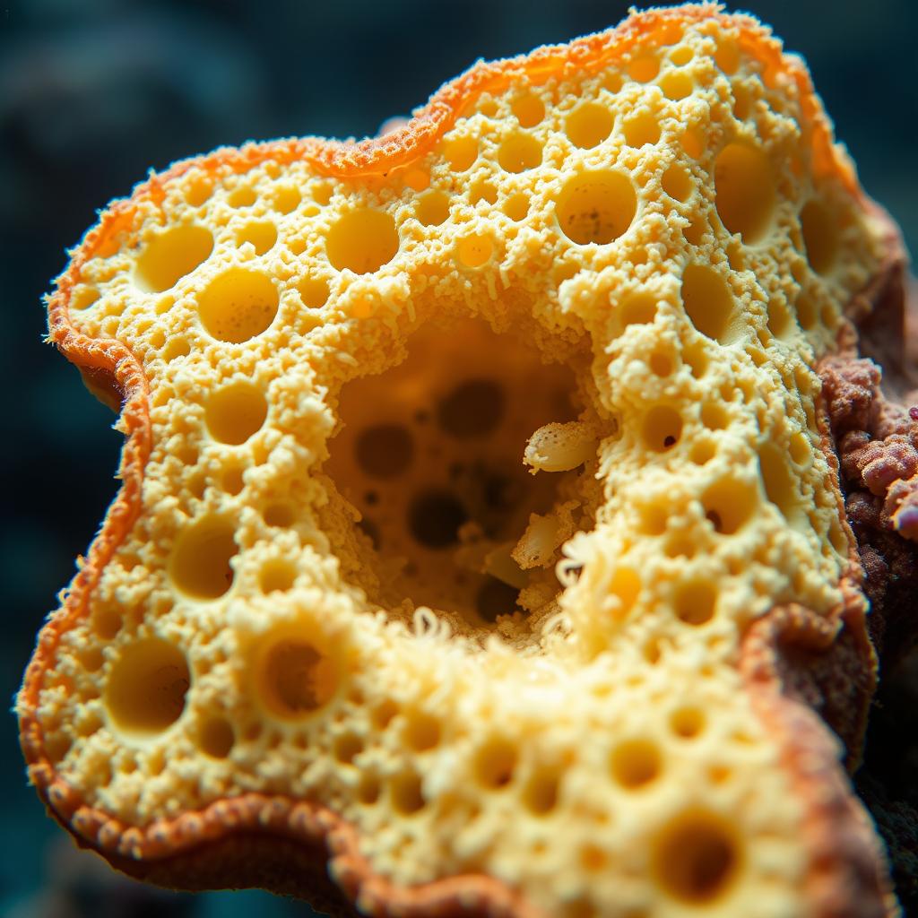 A detailed cross-section of a sponge, showcasing its intricate internal structure and various components such as pores, fibers, and the unique cellular arrangement