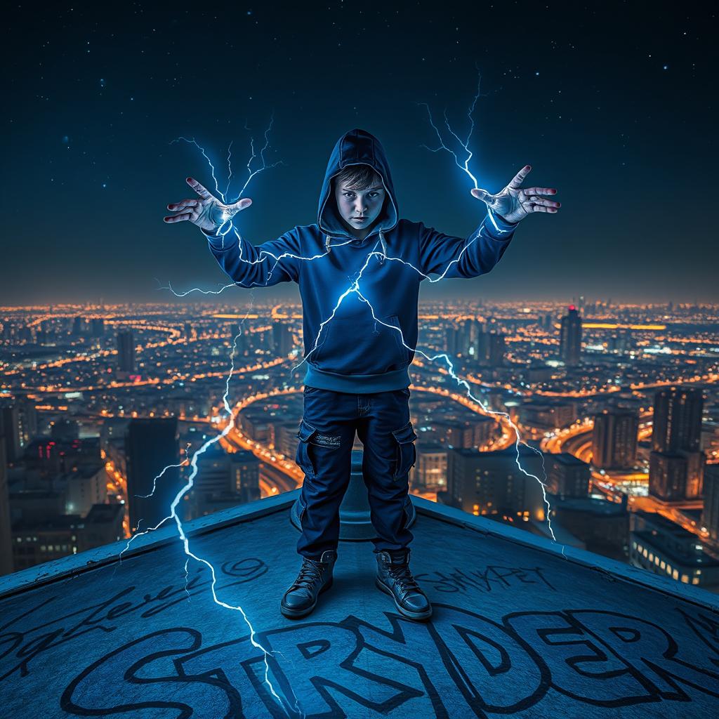 A young boy in a hood stands heroically on top of a rooftop, overlooking a vast city skyline in the background