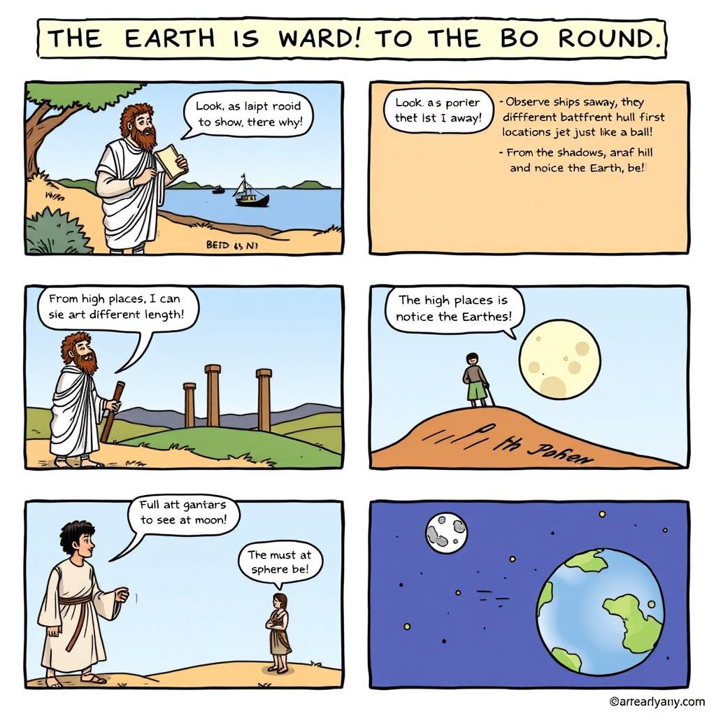 A comic strip illustrating how the ancient Greeks proved that the Earth is round