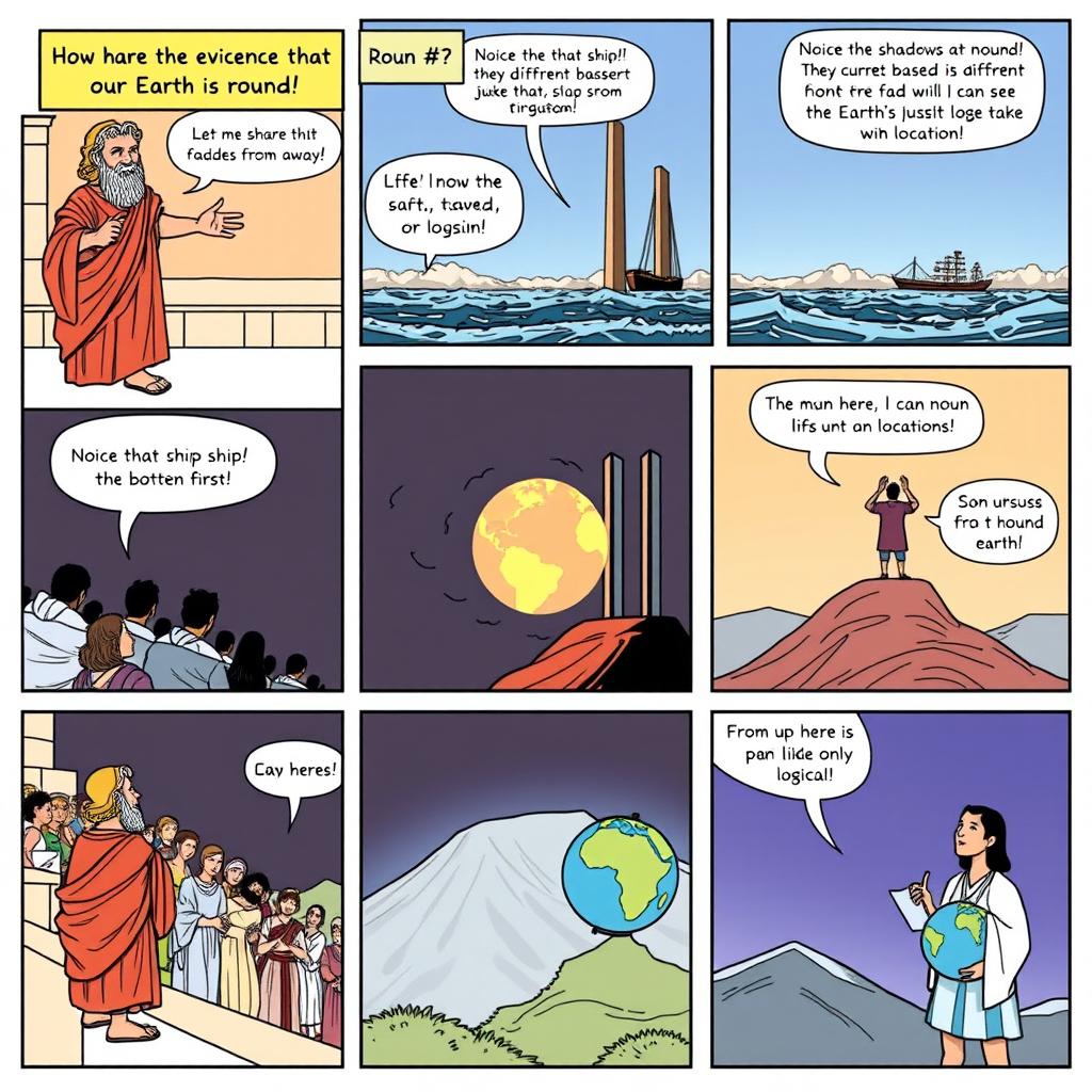A vibrant comic strip showcasing how ancient Greeks proved that the Earth is round, consisting of 8 panels