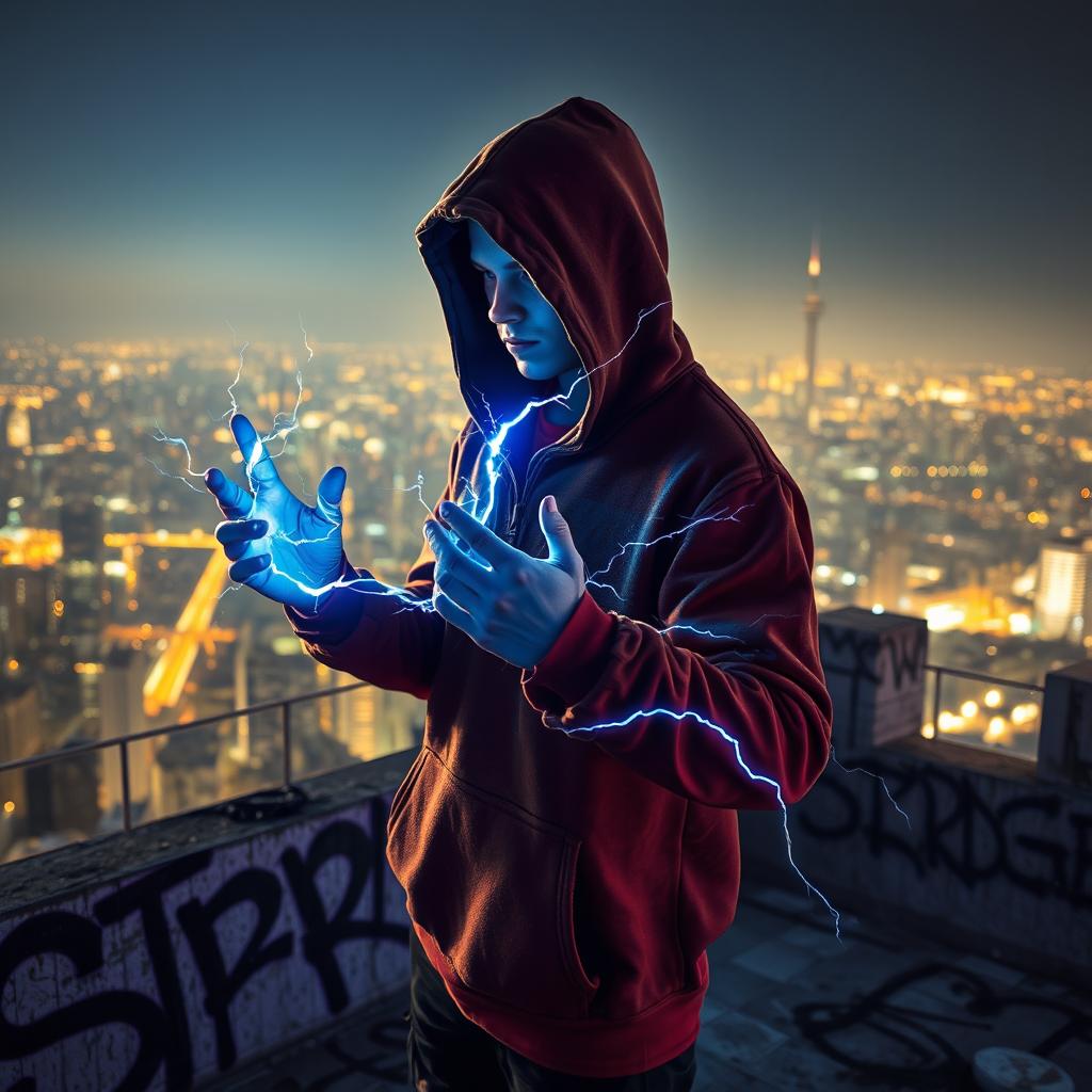 A hooded young teen stands atop a vandalized rooftop, gazing out at a sprawling city in the background