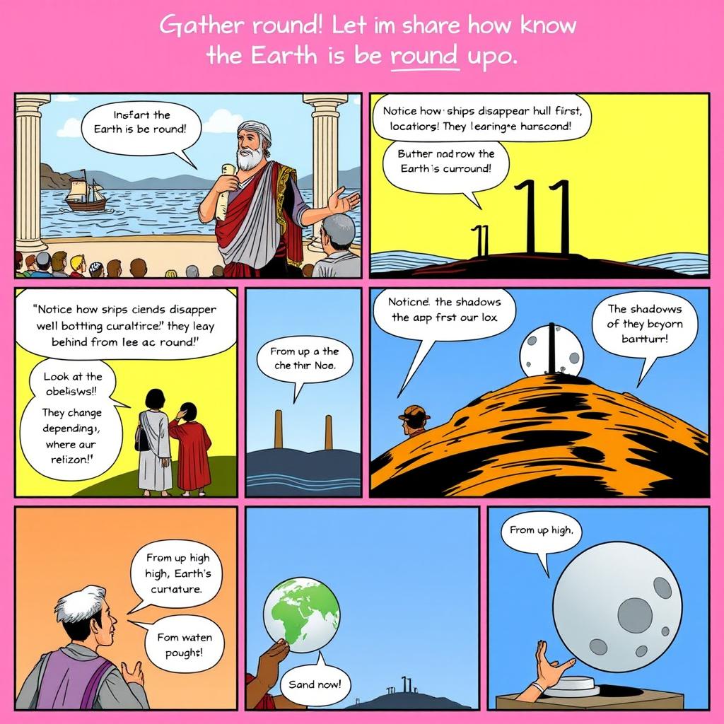 A detailed comic strip illustrating how ancient Greeks understood the Earth to be round, structured in 8 panels
