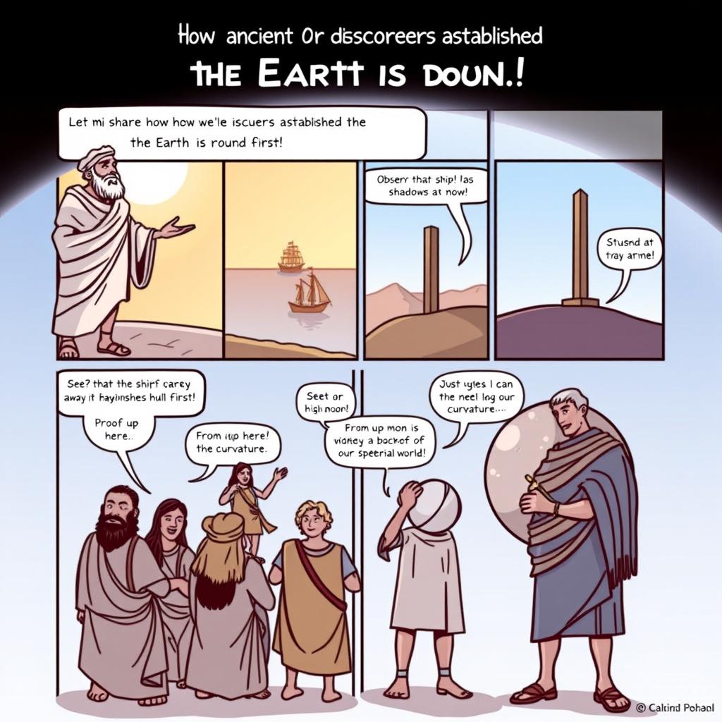 A comic strip depicting how ancient Greeks established the Earth is round, structured in 8 engaging panels