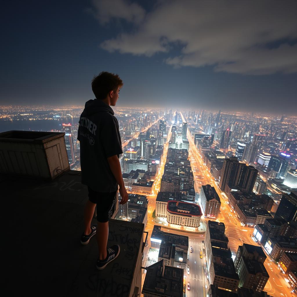 A young teen stands atop a tall building, looking down at a sprawling city below