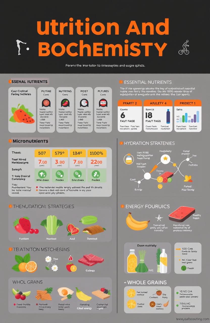 A detailed infographic illustrating the principles of nutrition and biochemistry in athletes