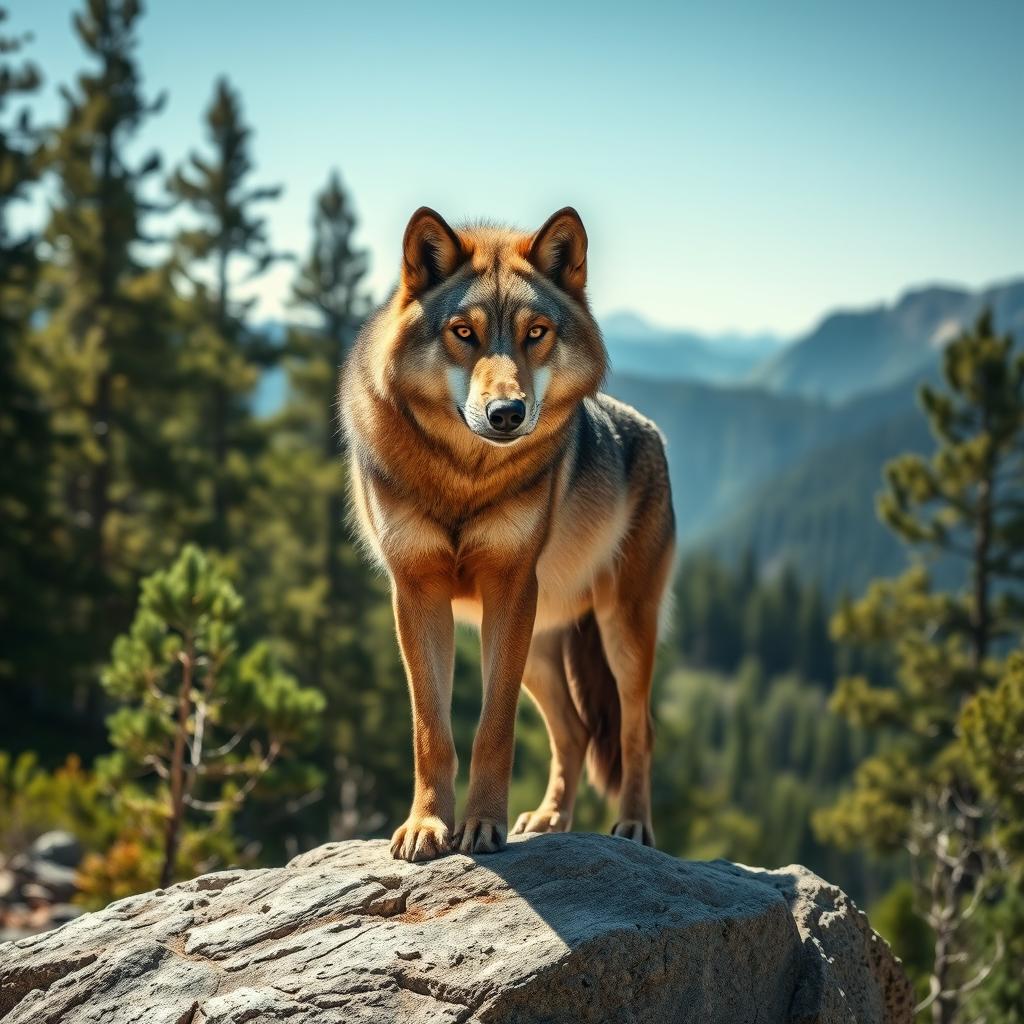 A stunning, raw photograph of a majestic wolf standing proudly in a natural wilderness setting, showcasing its thick fur and piercing eyes