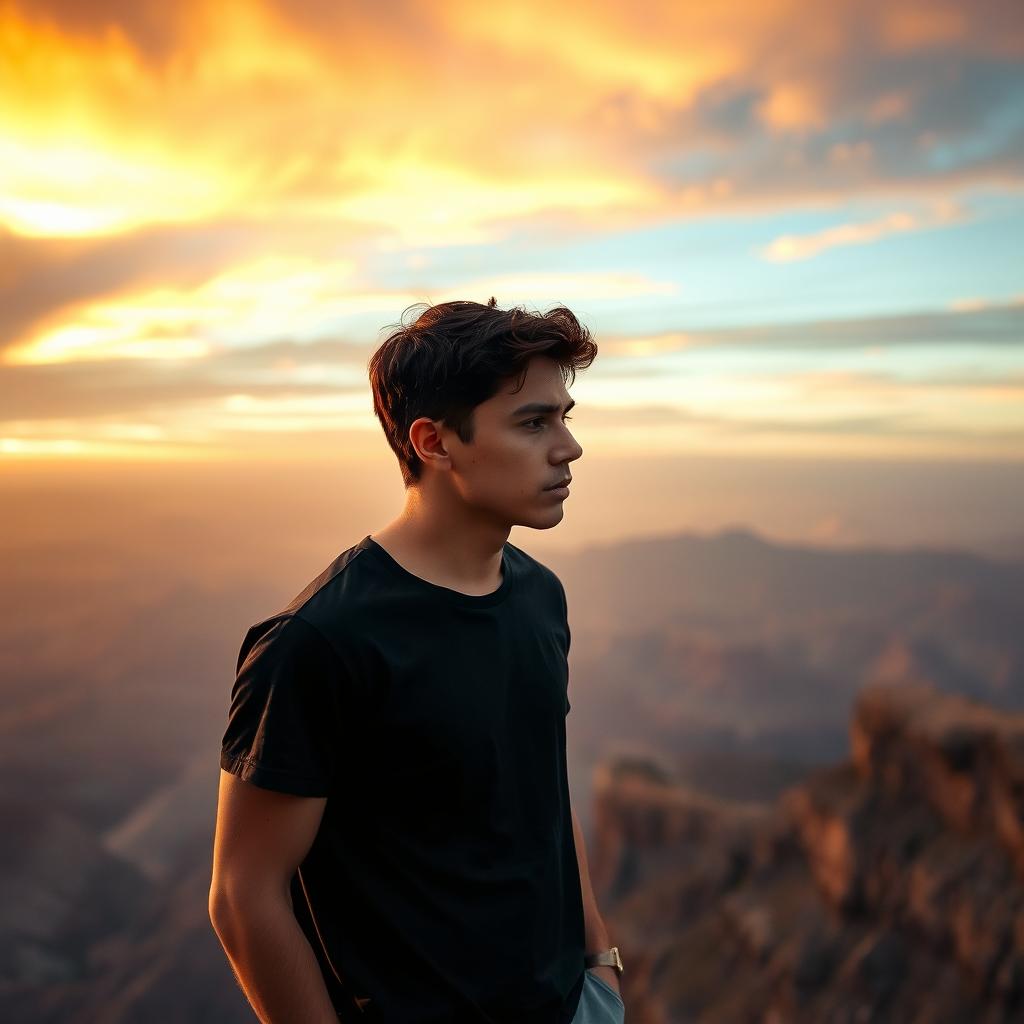A poignant scene featuring a young man with a contemplative expression, standing on the edge of a cliff overlooking a vast landscape