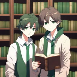 A high-quality 3D digital art image illustrates a romantic scene between two anime-style high school boys in a library