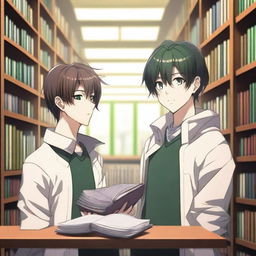 A high-quality 3D digital art image illustrates a romantic scene between two anime-style high school boys in a library