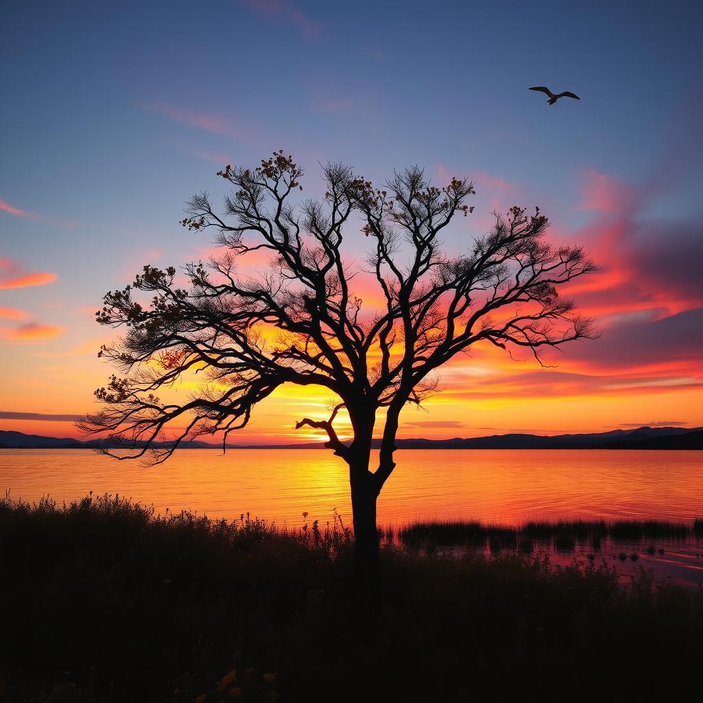 A breathtaking sunset over a tranquil lake, with vibrant oranges, pinks, and purples reflecting off of the water's surface