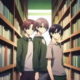 A high-quality 3D digital art image illustrates a romantic scene between two anime-style high school boys in a library