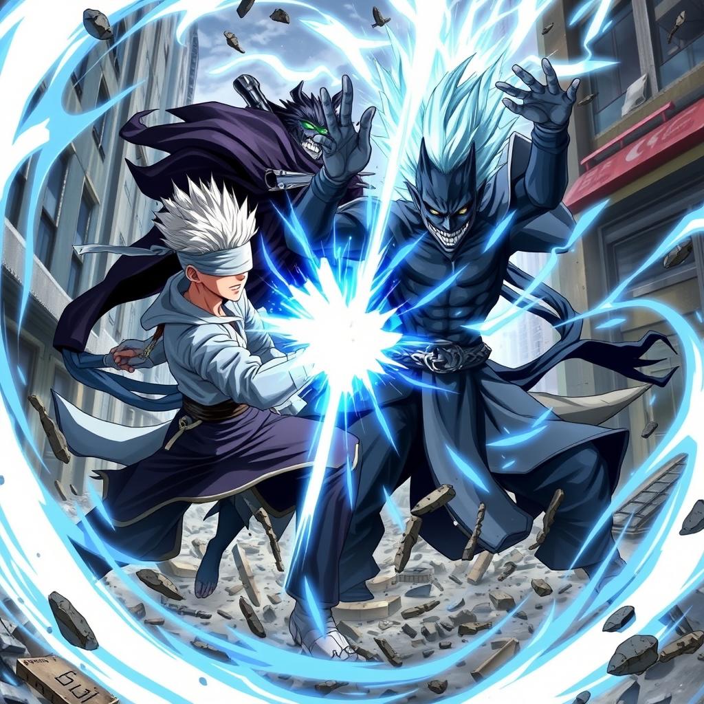 An intense battle scene depicting Gojo Satoru and Sukuna from Jujutsu Kaisen clashing in a dramatic and high-stakes environment