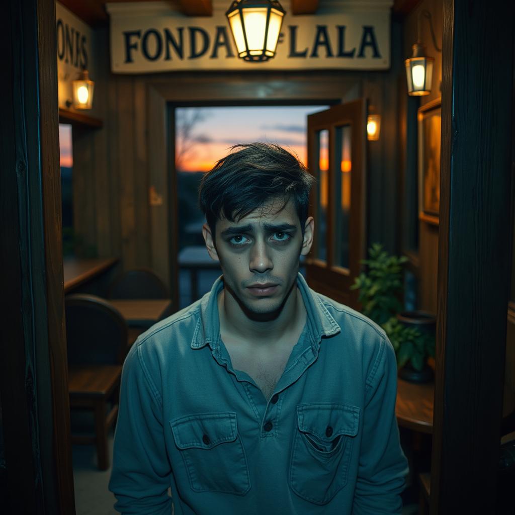 A tired and sad young man entering a quaint inn, named Fonda de Lala, in a pastoral town