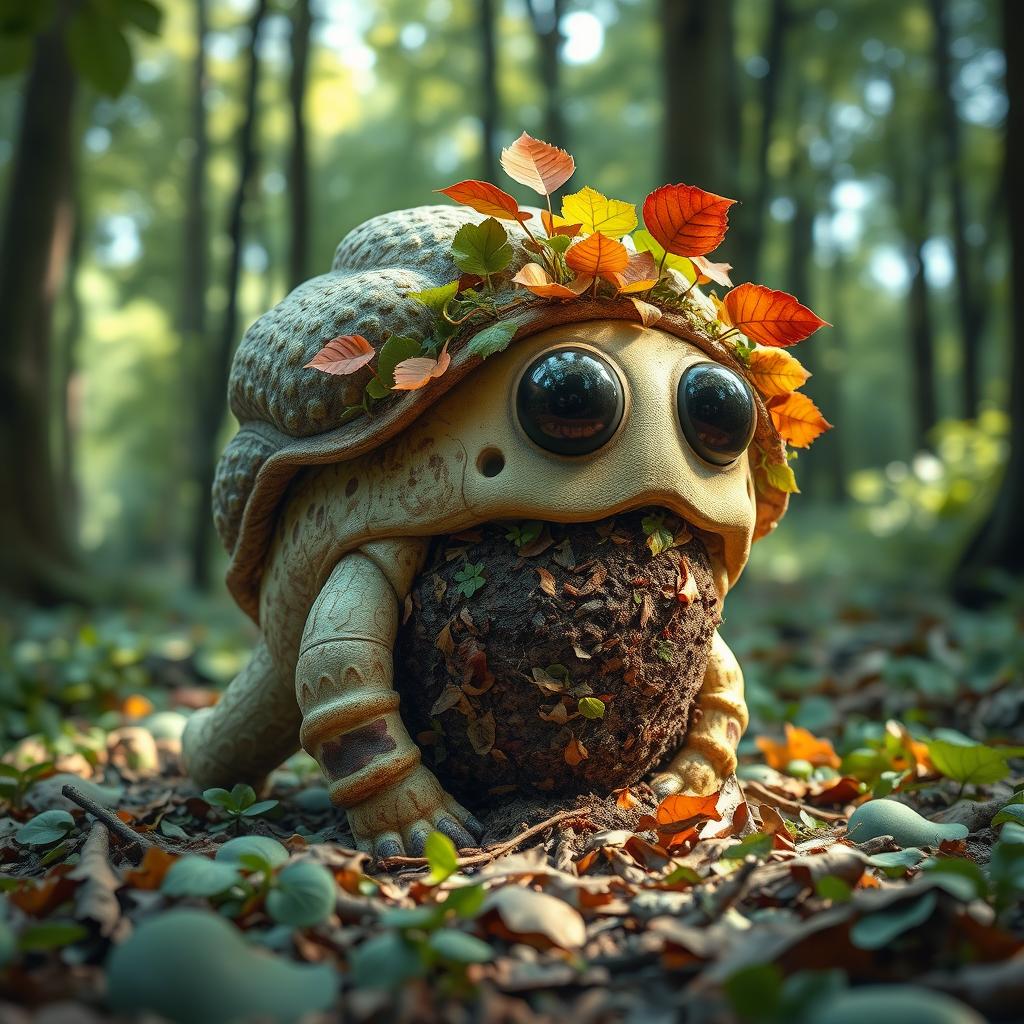 A fantastical creature designed to consume fallen leaves and organic debris, showing a unique shell adorned with vibrant plants that absorb CO₂ from the air