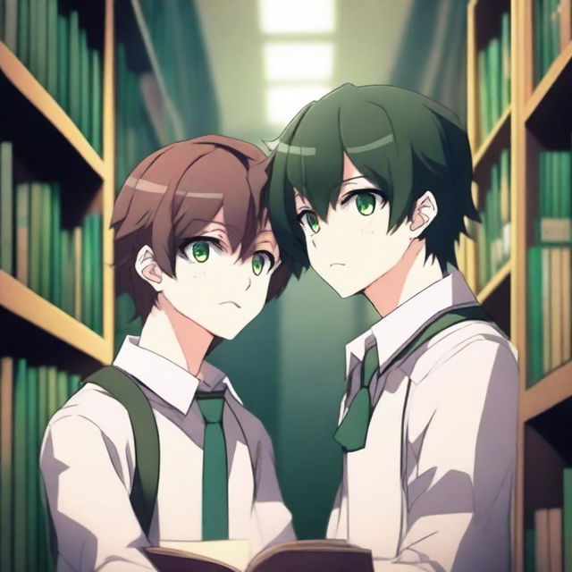 A high-quality 3D digital art image illustrates a romantic scene between two anime-style high school boys in a library