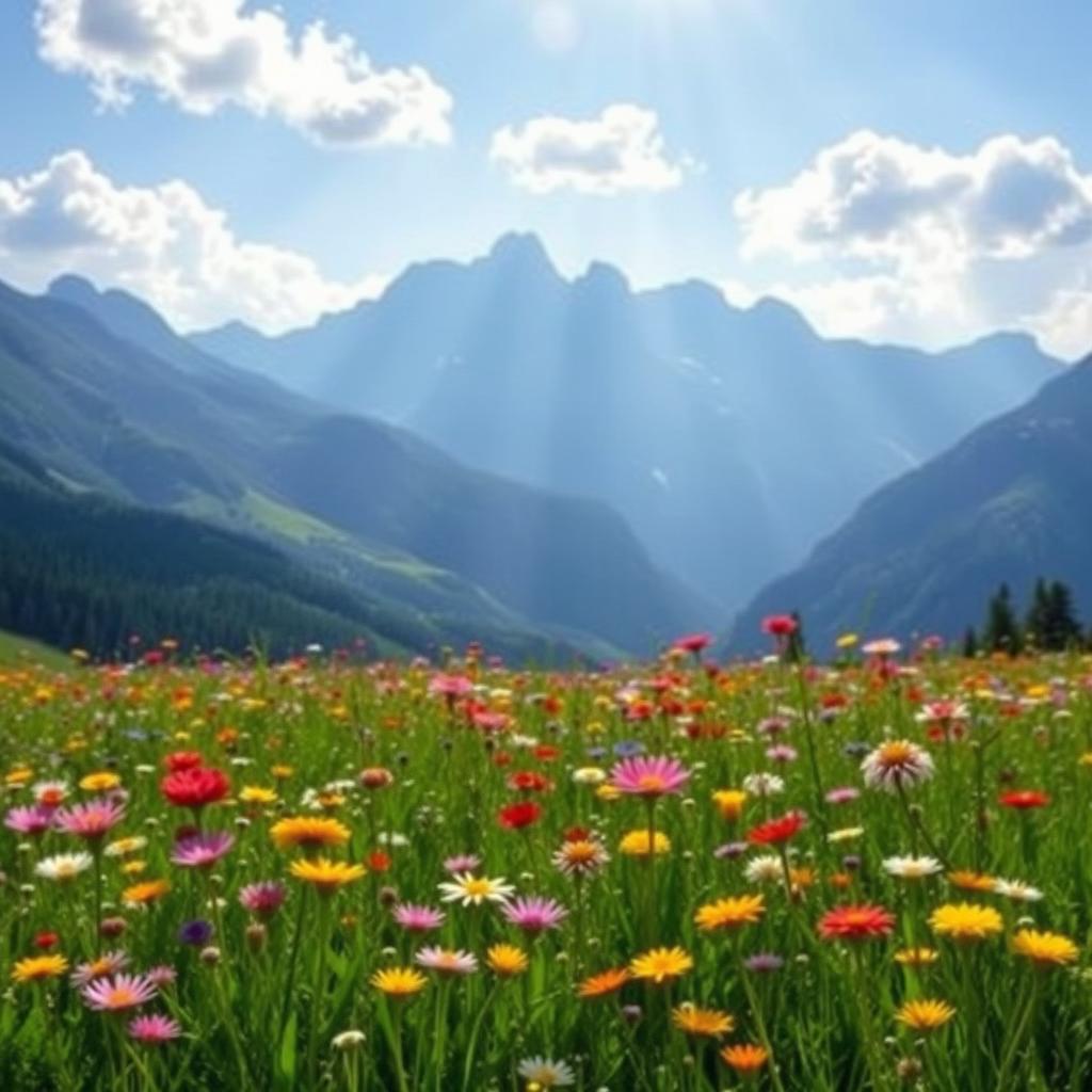 A breathtaking, realistic landscape featuring a vibrant meadow filled with a variety of colorful wildflowers in full bloom, set against a backdrop of majestic mountains under a clear blue sky