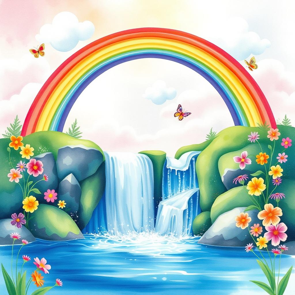 A vibrant and whimsical watercolor painting of a beautiful rainbow arching over a sparkling waterfall