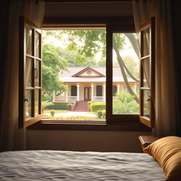 A serene and nostalgic view from a bedroom window looking out towards the house of Kapitan Tiago