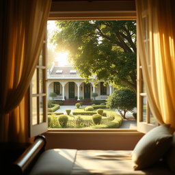 A serene and nostalgic view from a bedroom window looking out towards the house of Kapitan Tiago