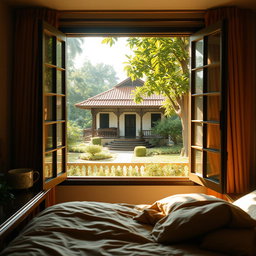 A serene and nostalgic view from a bedroom window looking out towards the house of Kapitan Tiago